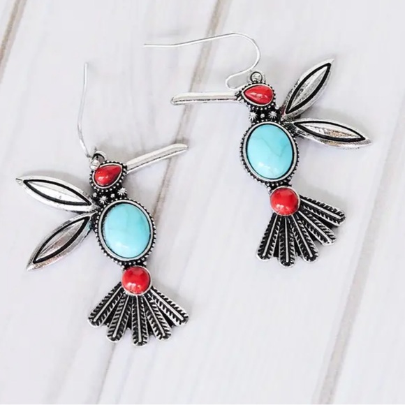 New Western Style Aztec Bird Turquoise & Red Howlite Stone 1.75” Dangle Earrings - Picture 1 of 7